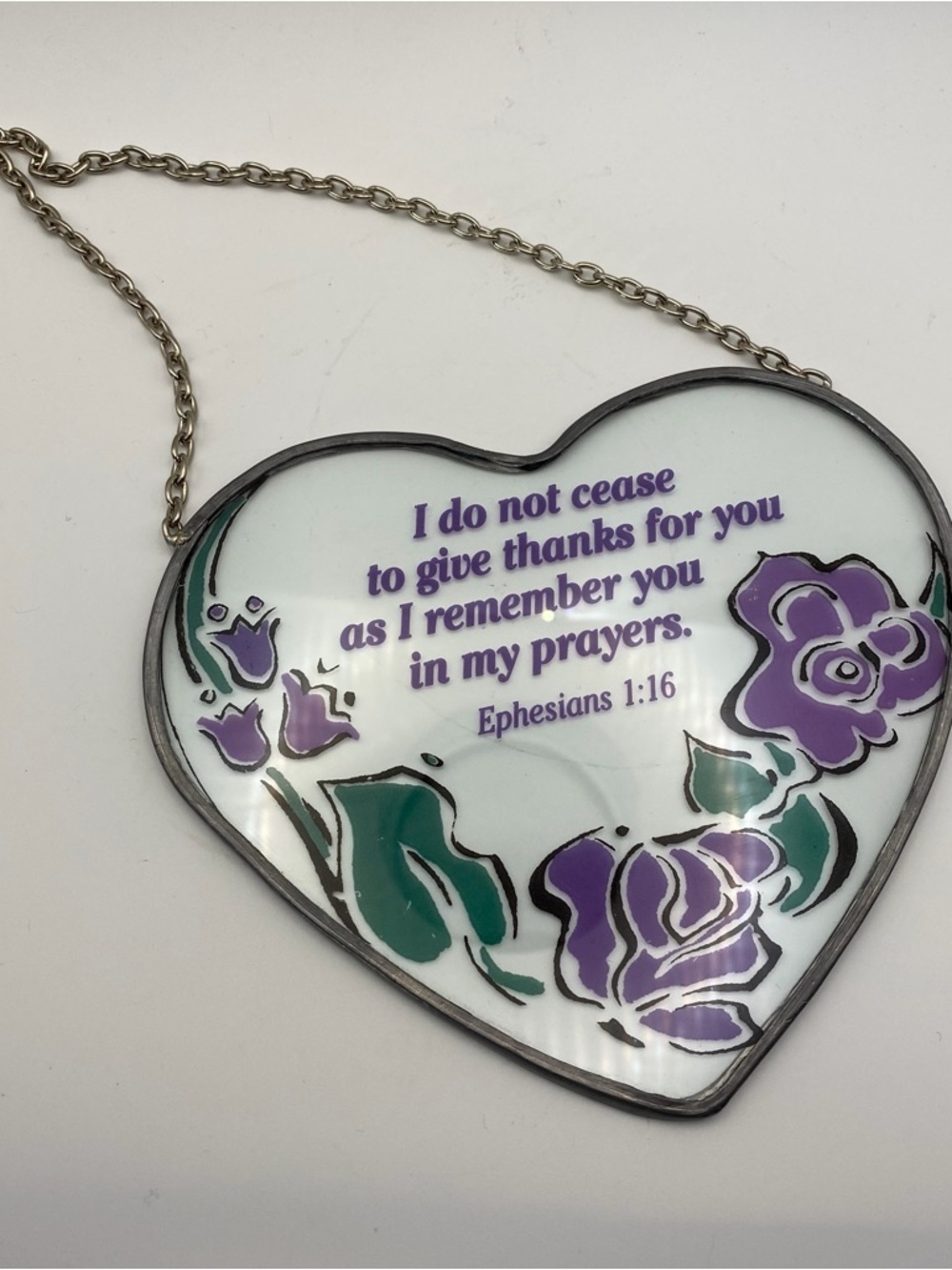 Sun Catcher Heart Shaped w/ Ephesians 1:16 Purple Flowers In Memory 5.25” Hangs
